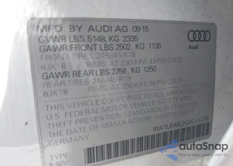 2016 Audi Allroad 2.0T Premium из США, поврежденный, VIN WA1UFAFL2GA011278